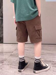 Boys' Dark Brown Corduroy Cargo Shorts, Summer Multi-Pocket Mid-Length Casual Pants, Big Kids - Brown - View 2