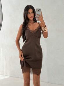Nuevo elegante y sexy vestido de satén marrón con ribete de encaje, adecuado para festivales de música, fiestas y bodas en primavera/verano - Albaricoque - Ver 4
