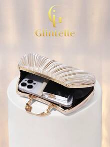 Glamor Vibe Women's Fashion Satin Pleated Box Clutch, Diamond Hardware Flap Design Handbag, Luxurious Exquisite Box Pleated Handbag, Suitable For Weddings, Celebrations, Formal Occasions, Party Clutch/Shoulder Bag, High Quality Apricot Pleated Evening Chain Shoulder/Crossbody Bag - Apricot - View 8