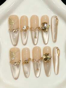 10PCS Long Stiletto Handmade Press On Nails For Party And Daily Wear,Champagne Cat Eye French Press On Nails With Tiny Rhinestones & Gilded Dead Leaf Butterfly.Easy To Wear,Summer Nails,Suitable For Girls And Women Festivals Parties And Daily Wear - Champagne - View 10