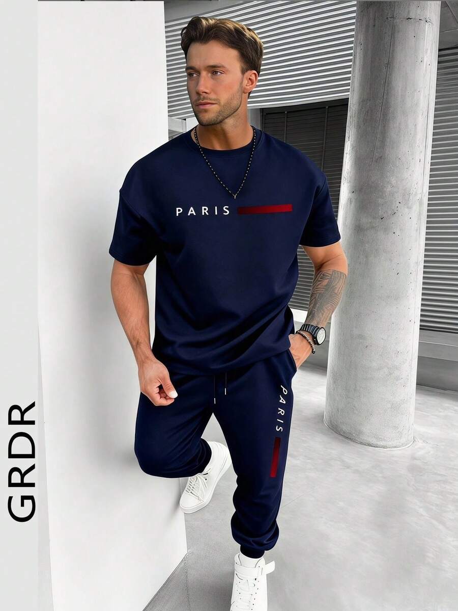 GRDR Conjunto casual de camiseta de cuello redondo de manga corta con estampado y pantalón largo con cordón para hombre - Azul Marino - Ver 1