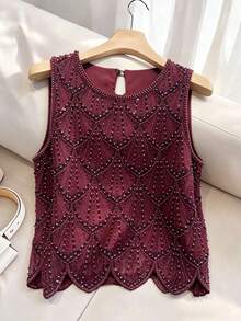 Women's Elegant Party Purple Blouse - Sleeveless Sequin Blouse, Casual Wear - Easy Care Hand Wash Evening Gown, Summer Fashion, Shiny Sequins - Red Violet - View 12