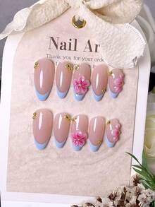 10 piezas de uñas postizas de almendra hechas a mano – puntas francesas azules con degradado rosa y arte floral, detalles de flores pintados a mano & cuentas doradas. Elegantes, románticas & reutilizables, perfectas para el glamour diario, citas, fiestas, vacaciones y regalos para mujeres. - Multicolor - Ver 14