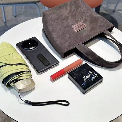 1pc Leather Label Patch Solid Color Mini Handbag, Minimalist Casual Style, Waterproof Nylon, Lightweight & Durable, Suitable For Women's Daily Work, Lunch Box, Shopping, Cleaning, Girl Aesthetic, Black Mini Handbag, Minimalist Commuter Style, Waterproof, Lightweight, Slim Fit, Suitable For Office Workers' Daily Lunch Box Carrying
