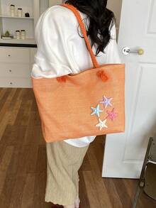 Dedoo 編織大容量托特包，輕量購物肩背包，夏季旅行必備女款度假背包 - 珊瑚橙 - 查看 6