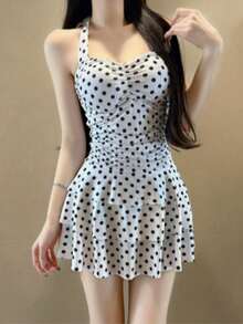 Red Polka Dot Retro Halter Neck One-Piece Swimsuit. A Body-Shaping Swimsuit That Enhances The Bust And Features An Open Back, Perfect For Hot Springs, The Beach, And Everyday Wear. - Multicolor - View 9