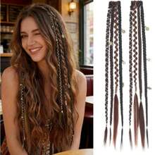 2pcs/Set Women's Clip-In Braided Hair Extensions, 20 Inch With Beads And Charms, Handmade Synthetic Bohemian Style Hair Pieces, Suitable For Cosplay, Renaissance Fair, 8 Strands - 彩色 - 查看 17