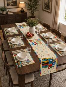 1 pieza - Juego de camino de mesa y manteles individuales de vuelta al colegio, decoración de mesa de comedor de lino con autobús escolar, letras ABC, libros, manzana y borde colorido para aula, fiesta de maestros y cocina - Multicolor - Ver 6
