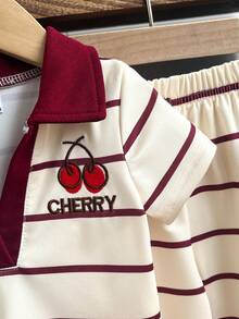 2pcs/Set Baby Girls' Collegiate Sports Style Cherry & Letter Embroidery Striped Polo Shirt + Matching Straight Pants Set, Summer - Apricot - View 4