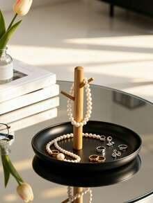 1pc Wooden Tree Branch Jewelry Display Stand, White Round Tray Necklace, Earring, Ring Storage Organizer, Vanity Or Desktop Small Accessory Organizer - Multicolor - View 3