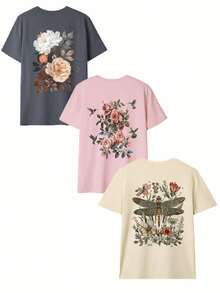 3pcs-Women's New Minimalist Pattern Casual Vacation Style Loose Versatile Round Neck Short Sleeve T-Shirt, Fashionable Daily Top. Summer - Multicolor - View 8