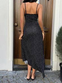 Vestido camisero de verano con tirantes finos, ajustado, con estampado de lunares y ribete de encaje - Blanco y Negro - Ver 3