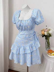 Vestido casual con volantes en el bajo, cintura con lazo, manga abullonada, estampado floral vintage, bajo irregular, color albaricoque y ama - Rojo - Ver 8
