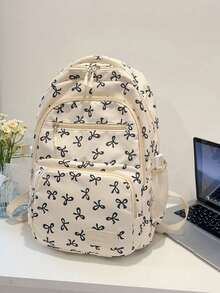 Set de 3 piezas de mochila con estampado de lazo de nylon, plegable, con múltiples bolsillos, gran capacidad, resistente al agua y con cremallera, adecuada para adolescentes - Negro - Ver 2