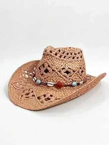 1pc Unisex Spring Summer All Season Solid Color Hollow Out Handmade Woven Straw Panama Hat, Fashionable Beaded Hat Chain Decor Western Cowboy Hat, Vintage Personalized British Style, Straw Hat, Summer Outdoor Breathable Comfortable Sun Hat, Travel Vacation Beach Hat, Daily Outing - Straw Hat - View 18