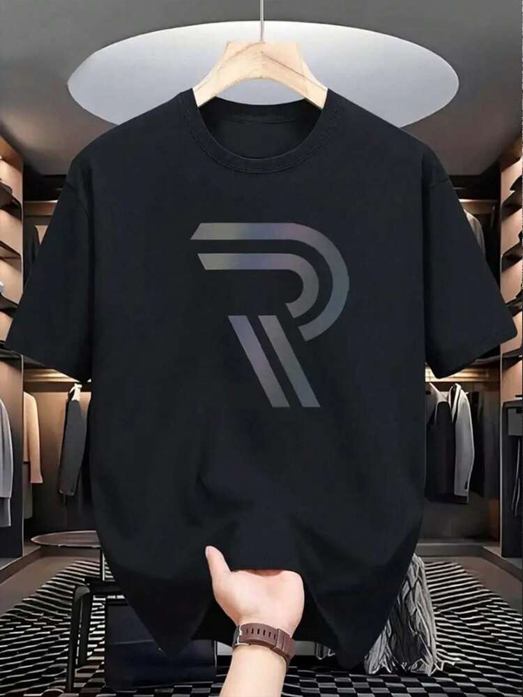 Manfinity Dauomo Men's Casual T-Shirt With Graphic Print Of The Letter R In Colors - 灰色 - 查看 1