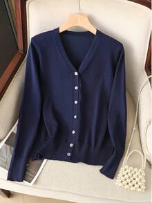 GIGOGOU 大尺碼 1XL-4XL 女款 V 領針織開襟毛衣，休閒長袖上衣，春季/秋季 - 藍色 - 查看 2