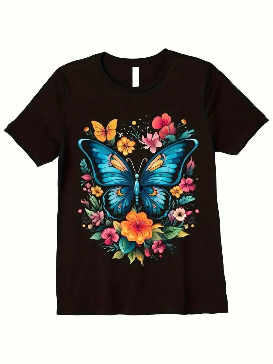 Vibrant Monarch Butterfly Print, Lightweight And Breathable, Short Sleeve, Round Neck, Casual T-Shirt For Everyday Wear, Outdoor Sports, Spring/Summer/Autumn, Sizes XL - 5XL - 黑色 7 - 查看 1