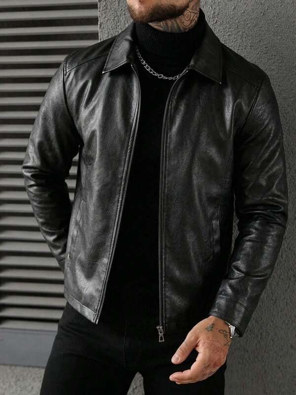 Men's Autumn/Winter Fashion Casual Black Leather Jacket, Minimalist Versatile Fashion Lapel Leather Jacket
