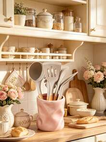 1pc Ceramic Kitchen Utensil Holder, Modern Wavy Countertop Cutlery Jar, Pastoral Style Decorative Utensil Storage Box. Can Hold Soup Spoons, Forks And Spatulas. This Multi-Functional Kitchen Storage Tool Is Suitable For Home And Kitchen Decoration, Available In Pink, Off-White, Black And Purple. - Multicolor - View 5