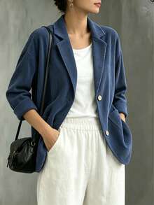 Autumn Corduroy Versatile Vintage Button Casual Long Sleeve Blazer - Navy Blue - View 4