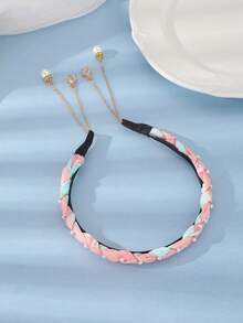 1pc Bohemian Vintage Mori Style Pink & Blue Braided Headband, Wedding Bridal Accessory, Light Pink Soft Glow Ethereal Photography Accessory - Pink - View 2