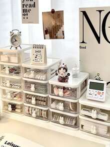 Pink & White/Set Cute Bunny Knob Desk Drawer Organizer, Clear Plastic Desktop Storage Box, Multi-Drawer Organizer For Stationery, Makeup, Cosmetics & Office Supplies, Transparent Desktop Cabinet,Space-SavingVanityOrganizer For Home,Office,Schoo &Dorm - Multicolor - View 6