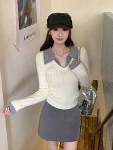 Women's New Autumn/Winter Design Slim Fit V-Neck Knit Top With Collar And 2 In 1 Patchwork - Apricot - View 3