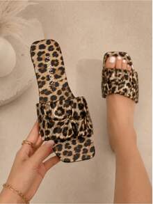 Women's Leopard Print Wide Strap Flat Slides, Square Toe Open Toe Summer Vacation Sandals - Brown - View 7