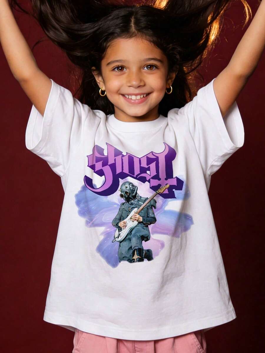 2026 Girl's Summer Soft Casual Round Neck Short Sleeve-Shirt,Rock Band Guitarist Nebula Print Graphic Suitable Casual Street Daily Wear.White - Blanco - Ver 1