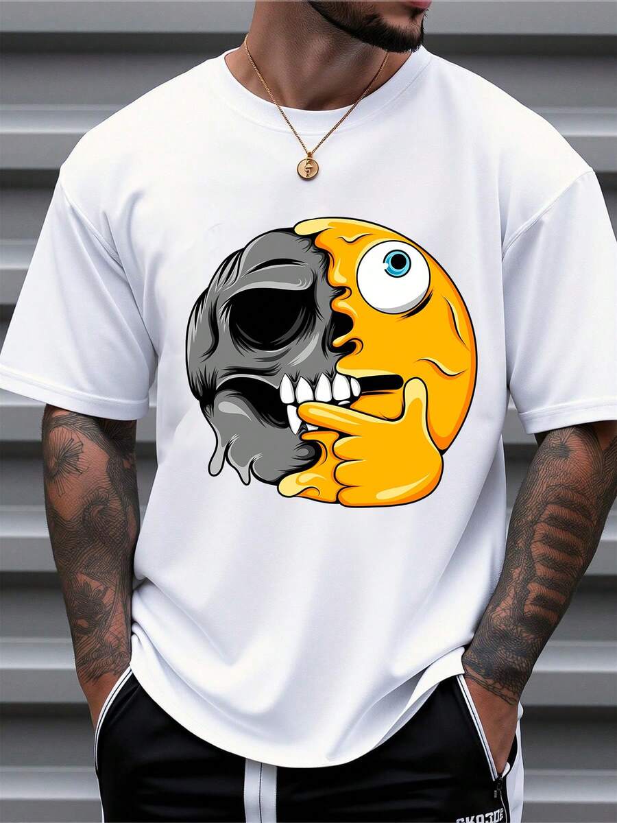 Men's Pure Cotton Short-Sleeved T-Shirt Casual Oversized Skull  Print Daily Wear Top - White - View 1