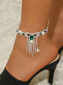 1PC Women's Full Rhinestone Eye-Catching Anklet, Fashionable High-End Luxurious Full Rhinestone Tassel Copper Anklet, Hypoallergenic And Fade-Resistant, Suitable For Daily Wear, Beach Party, Street Style, Holiday Gift, Banquet Versatile - Shape - View 5