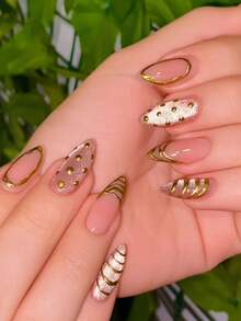 10pcs Handmade Almond Shaped Nail Stickers, Multi-Layer Paris Style Design, Gold Border, Pink Base Color, Silver Cat Eye, Metallic Polka Dot Circles, Elegant And Luxurious, Suitable For Women And Girls Daily Wear And Party - Multicolor - View 2