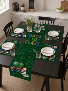 1 pieza - Juego de camino de mesa y manteles individuales de vuelta a la escuela, decoración de mesa de lino verde con mochila, libros, globo terráqueo, despertador y estilo de pizarra para fiesta de aula y comedor del hogar - Multicolor - Ver 8