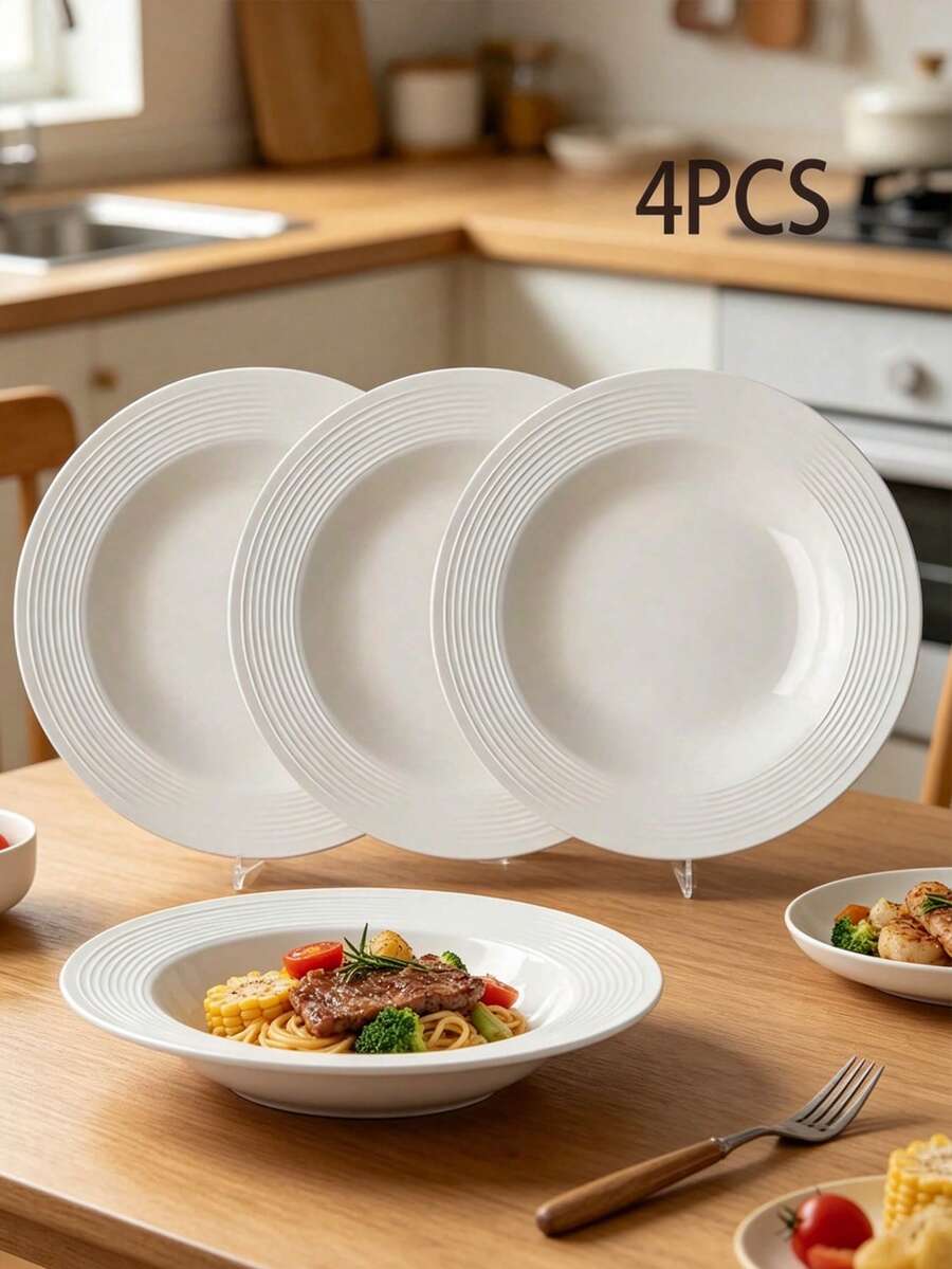 4pcs Round Straw Hat Plastic Plates, Reusable Stackable Plates, Suitable For Candy, Fruit Salad, Noodles, Nuts, Dishes, Ideal For Home Kitchen, Party, Picnic, Afternoon Tea - White - View 1