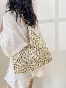 Dedoo Women's Hollow Crochet Straw Tote Shoulder Bag With Palm Tree Pendant, Large Capacity Bohemian Style Casual Summer Beach Bag (Random Pendant Hook) - Beige - View 7