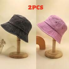 2/1pc Women's Solid Color Washed Bucket Hat, Foldable Distressed Fishing Hat, Outdoor Sun Protection, Unisex Style, Suitable For Daily Wear - Solid Color - View 27