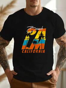 T-shirt à manches courtes en pur coton pour hommes, imprimé rétro plage Californie palmier, top décontracté d'été - Noir - Voir 6