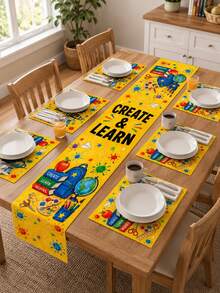 1 pieza - Juego de camino de mesa y manteles individuales de vuelta al colegio, decoración de mesa de lino amarillo Create & Learn con mochila, libros, pintura, lápices y manzana para fiesta temática de estudio para niños, aula y comedor de cocina - Multicolor - Ver 8