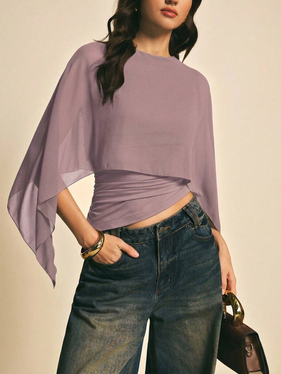 Women's Brown Shawl Collar Casual Blouse, Elegant Blouses For Women, Casual Blouses For Women, Suitable For Daily Wear, Going Out, Coming And Going In Autumn/Winter, Blouse Of - 灰紫色 - 查看 1