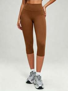 Solid Color Elastic Slim Fit 7/8 Length Leggings, Side Pocket Design, Yoga Pants, Comfortable For Fitness And Daily Wear - Brown - View 5
