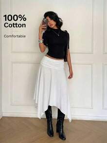 Falda midi plisada con bajo asimétrico, nueva de primavera/verano, 100% algodón, conjunto retro Y2K - Azul y blanco - Ver 3
