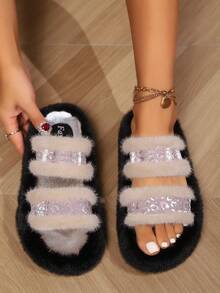 Women's Thick Platform Fluffy Slippers, Autumn/Winter Outdoor Versatile High-Quality Soft Bottom Indoor Thermal Slippers - Champagne - View 8