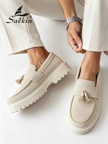 Salkin Minimalist Designer Men's Casual Shoes Authentic Brand Tassel Vintage Style Soft Solid Color Suede Upper Loafers For Men Affordable Luxury For Modern Living Comfortable Moccasin Preppy Student Shoes Thick Height-Increasing Sole Daily Walking Shoes Men Couple Dating Outing Versatile Party Banquet Social Shoes Holiday Gift Suitable For All Seasons - Beige - View 11