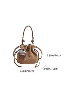 Summer Large Capacity Handbag Casual Hollow Straw Woven Bag Pastoral Artistic Handbag Beach Vacation Sand Bucket Shoulder Bag - Khaki - View 11