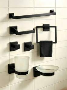 7-Piece Thickened Stainless Steel Square Tube Bathroom Storage Rack Set, Towel Ring, Towel Bar, Multi-Function Coat Hook, Bathrobe Hook, Toilet Paper Holder - Multicolor - View 3