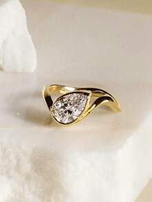 2 Stücke/Set Wassertropfen-Birnenförmige Zirkonia-Ringe für Frauen, 18K Goldfarbenes asymmetrisches verdrehtes Liniendesign, luxuriöse Nischen-einzigartige stapelbare Ringe, täglicher Atmosphäre-Schmuck für Frauen - Gold - Übersicht 2
