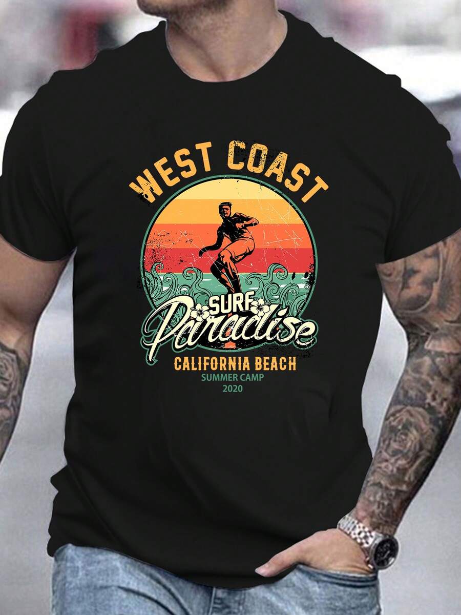 Men's Pure Cotton Oversized Short-Sleeve T-Shirt West Coast Surf Paradise Graphic Print Casual Tee - Black - View 1