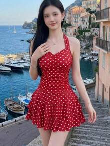 Red Polka Dot Retro Halter Neck One-Piece Swimsuit. A Body-Shaping Swimsuit That Enhances The Bust And Features An Open Back, Perfect For Hot Springs, The Beach, And Everyday Wear. - Multicolor - View 4