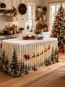 1 st krämvit julbordsskirt, rektangulär plisserad bordsduksskjul i polyester med tryck av jultomtens släde, ren, tallskog och snöflingor, buffé- och dessertbordsduk för julfest, högtidsmiddag, vinterbröllop, kök och heminredning - Multifärgad - Visa 6